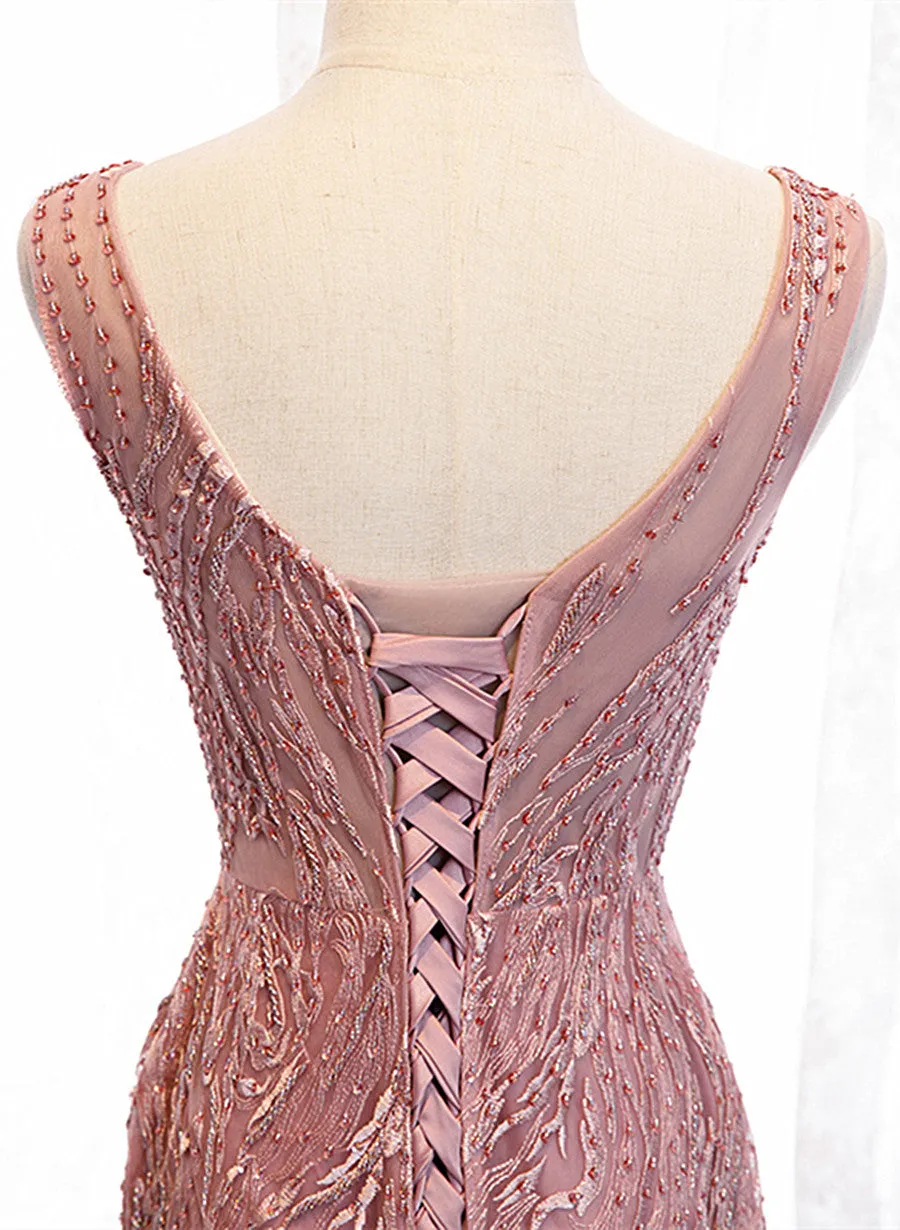 Pink Mermaid Lace and Tulle V-neckline Party Dress, Pink Floor Length Prom Dress