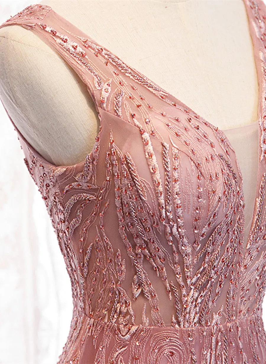 Pink Mermaid Lace and Tulle V-neckline Party Dress, Pink Floor Length Prom Dress