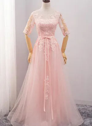 Pink Tulle Short Sleeves Long Bridesmaid Dress, Pink Evening Gown