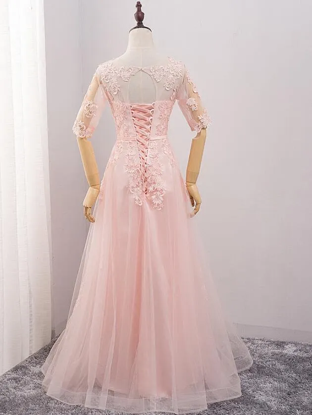 Pink Tulle Short Sleeves Long Bridesmaid Dress, Pink Evening Gown
