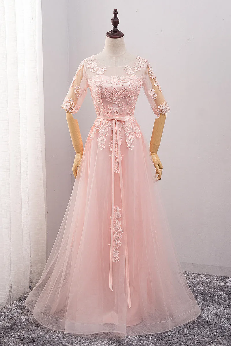 Pink Tulle Short Sleeves Long Bridesmaid Dress, Pink Evening Gown