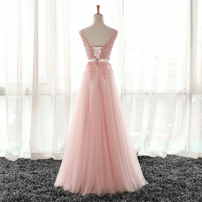 Pink Tulle V-neckline Lace Applique Floor Length Party Dress, Pink Prom Dress 2021