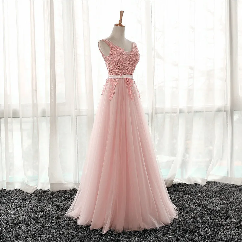 Pink Tulle V-neckline Lace Applique Floor Length Party Dress, Pink Prom Dress 2021