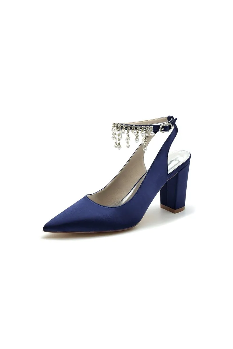 Pointed Toe Satin Chunky Heels With Pearl Tassel