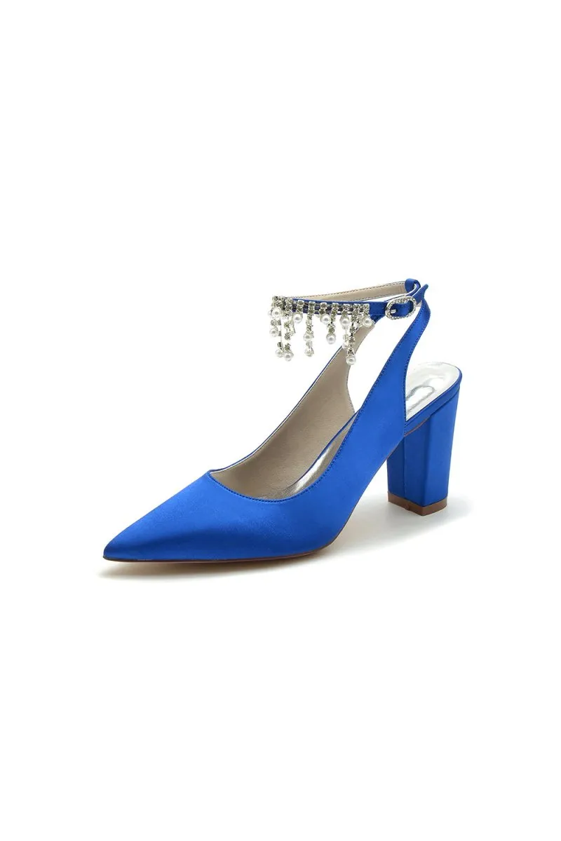 Pointed Toe Satin Chunky Heels With Pearl Tassel