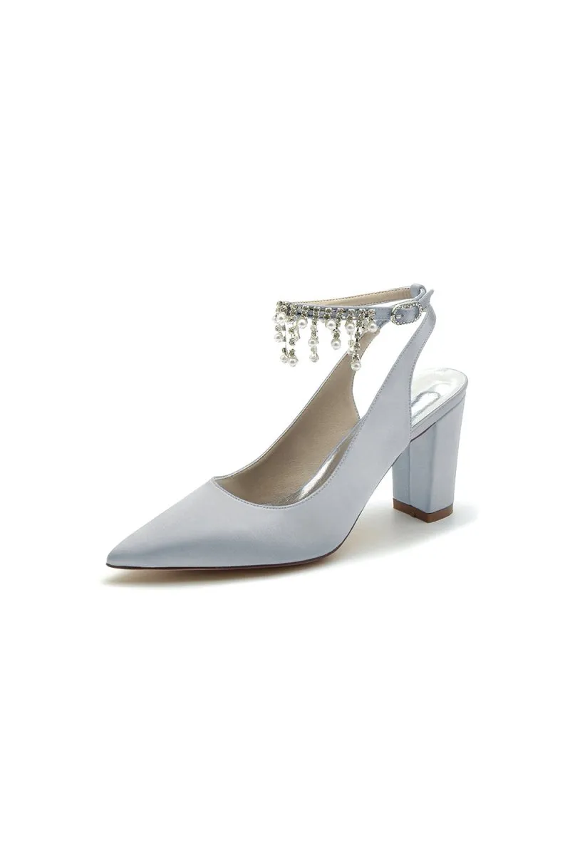 Pointed Toe Satin Chunky Heels With Pearl Tassel