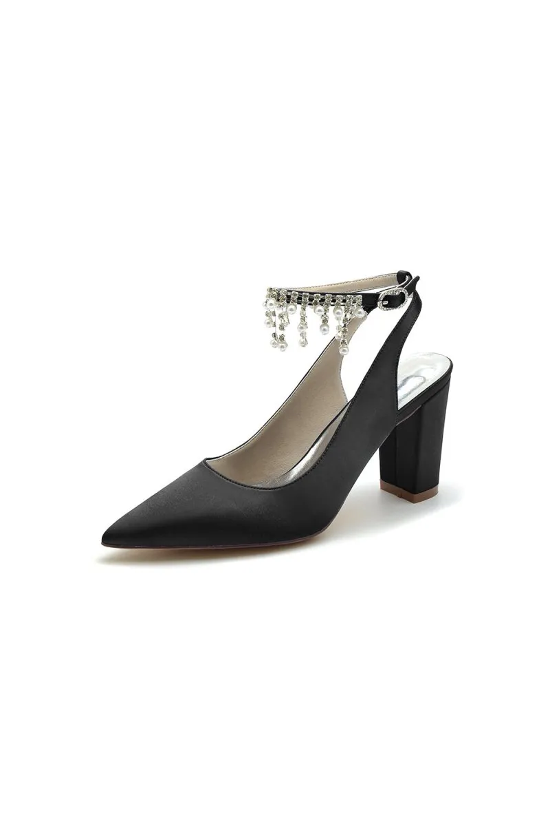 Pointed Toe Satin Chunky Heels With Pearl Tassel