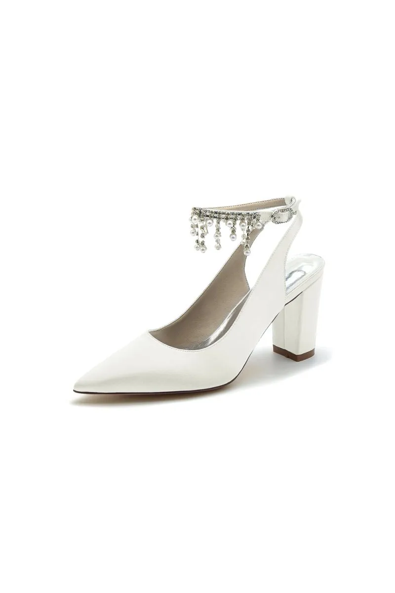 Pointed Toe Satin Chunky Heels With Pearl Tassel