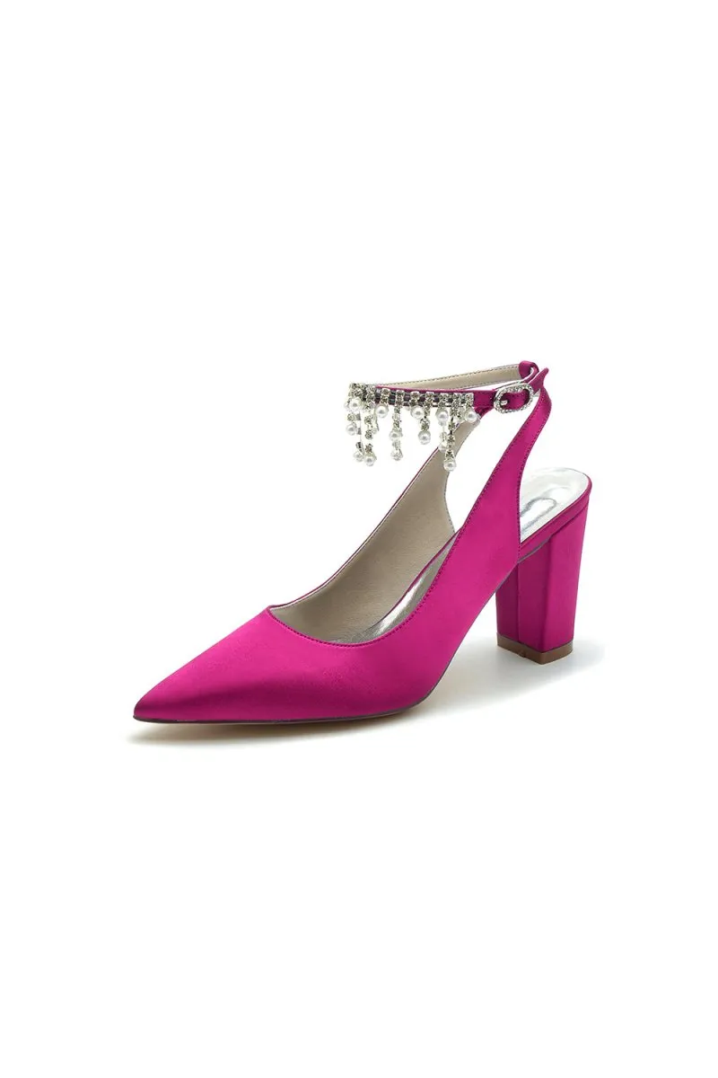 Pointed Toe Satin Chunky Heels With Pearl Tassel