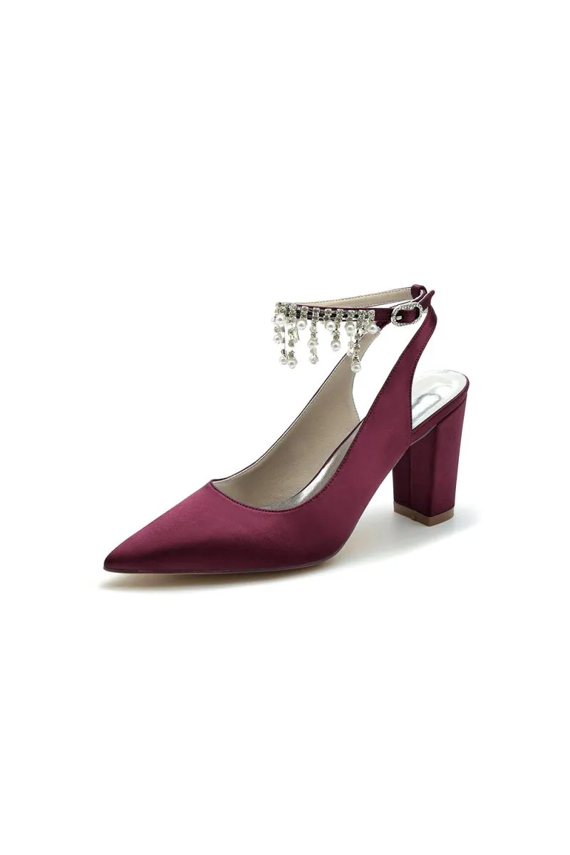 Pointed Toe Satin Chunky Heels With Pearl Tassel