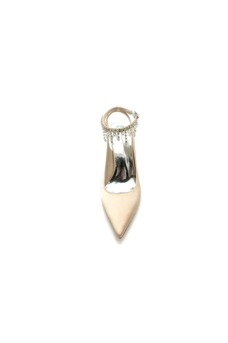 Pointed Toe Satin Chunky Heels With Pearl Tassel