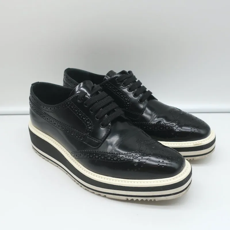 Prada Wingtip Brogue Platform Sneakers Black Spazzolato Leather Size 36.5