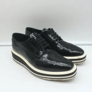 Prada Wingtip Brogue Platform Sneakers Black Spazzolato Leather Size 36.5