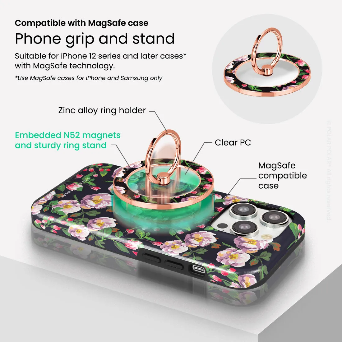 Purple Camellias - Rose Gold MagSafe Phone Grip and Ring Holder Stand