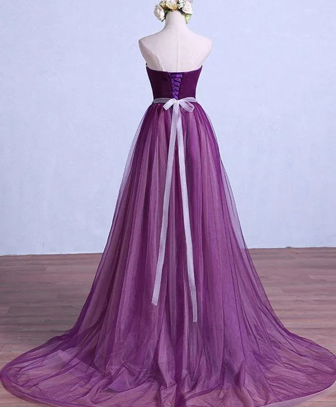 Purple Tulle Sweetheart Long Wedding Party Dress with Belt, Purple Prom Dress Bridesmaid Dress