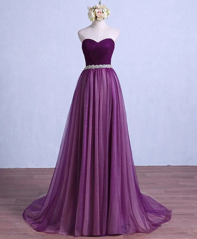 Purple Tulle Sweetheart Long Wedding Party Dress with Belt, Purple Prom Dress Bridesmaid Dress