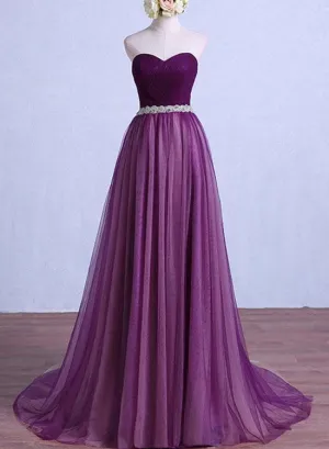 Purple Tulle Sweetheart Long Wedding Party Dress with Belt, Purple Prom Dress Bridesmaid Dress