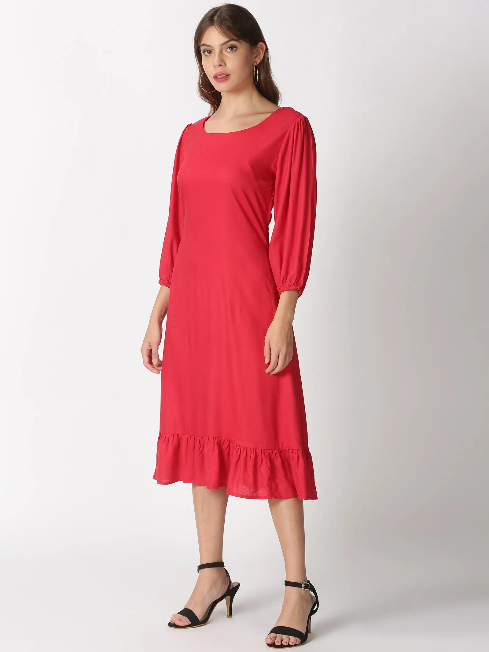 Red Dobby Boho A-line Midi Dress with Puff Sleeves & Flounce Hem