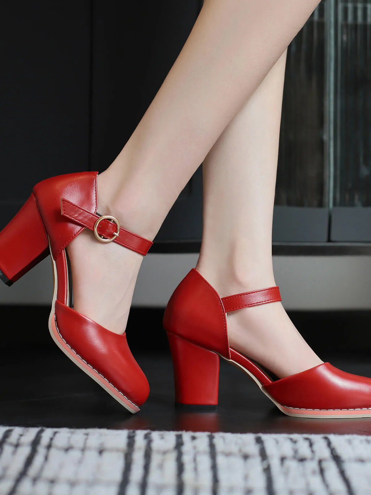 Retro PU Leather Chunky High Heels