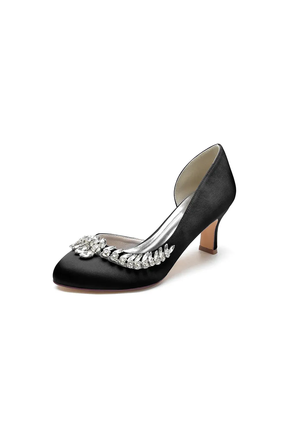 Round Toe Crystal Leaf Chunky Heels