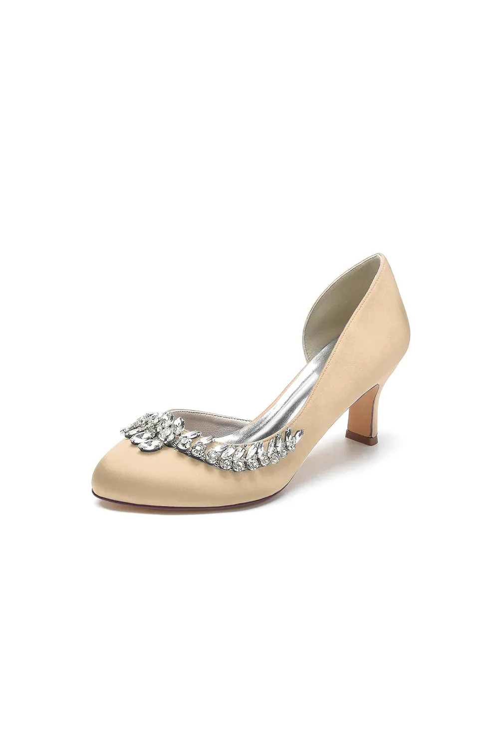 Round Toe Crystal Leaf Chunky Heels