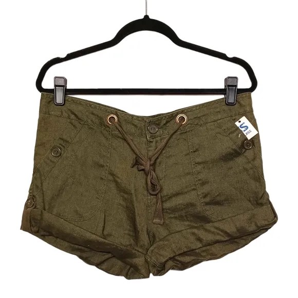 SANCTUARY CLOTHING 100% Linen Olive Green Cargo Style Drawstring Shorts  8 NWT