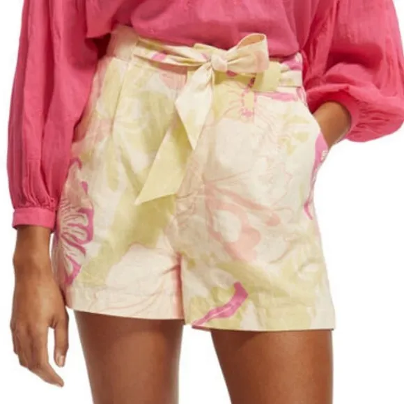 Scotch &amp; Soda Pink Green Organic Cotton Linen Preppy Shorts Tie Waist Clueless