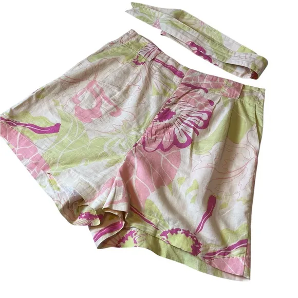 Scotch &amp; Soda Pink Green Organic Cotton Linen Preppy Shorts Tie Waist Clueless