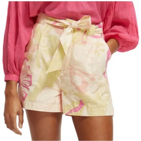 Scotch &amp; Soda Pink Green Organic Cotton Linen Preppy Shorts Tie Waist Clueless