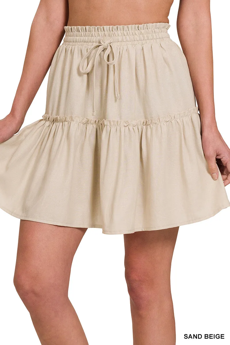 SOFT LINEN DRAWSTRING RUFFLE MINI SKIRT - Fushia
