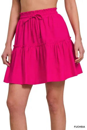 SOFT LINEN DRAWSTRING RUFFLE MINI SKIRT - Fushia