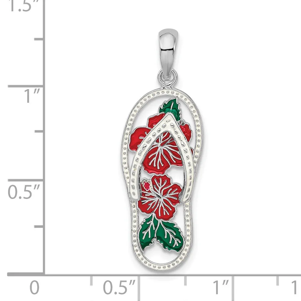 Sterling Silver Polished Enameled Hibiscus Flower Flip-flop Pendant