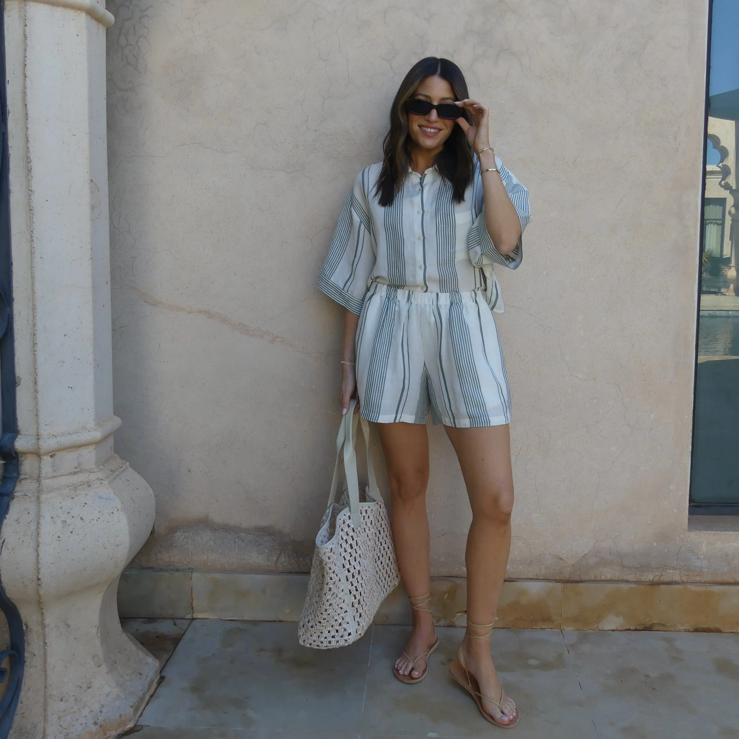 STRIPE BOXY LINEN SHORTS - CREAM / GREEN