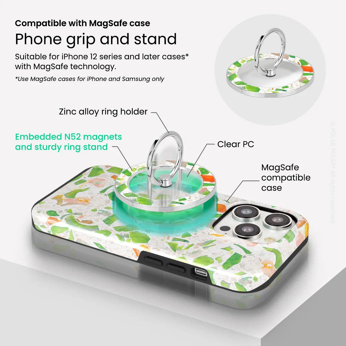 Terrazzo Green - Silver MagSafe Phone Grip and Ring Holder Stand