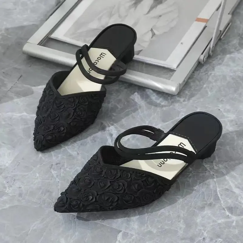 Thick Heel Sandals Pointed Chunky Low Heel Shoes