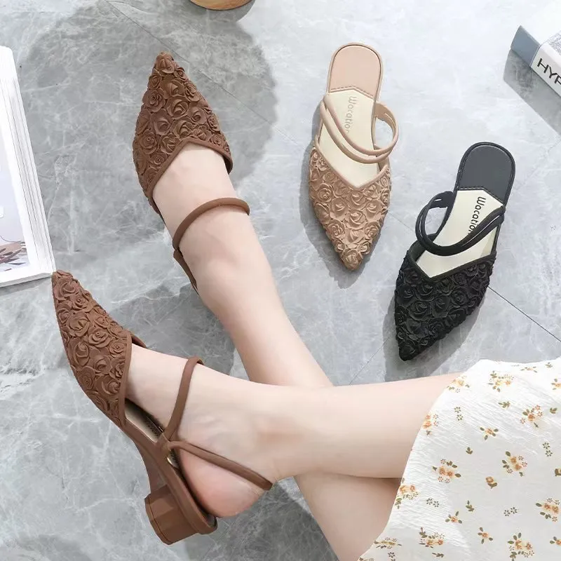 Thick Heel Sandals Pointed Chunky Low Heel Shoes