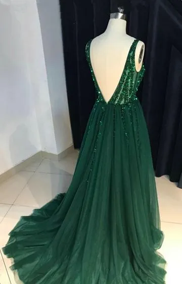 Tulle Dark Green Sparkly Sequins Beaded V-neck Prom Dresess, Green Evening Gowns, Women Formal Dresses