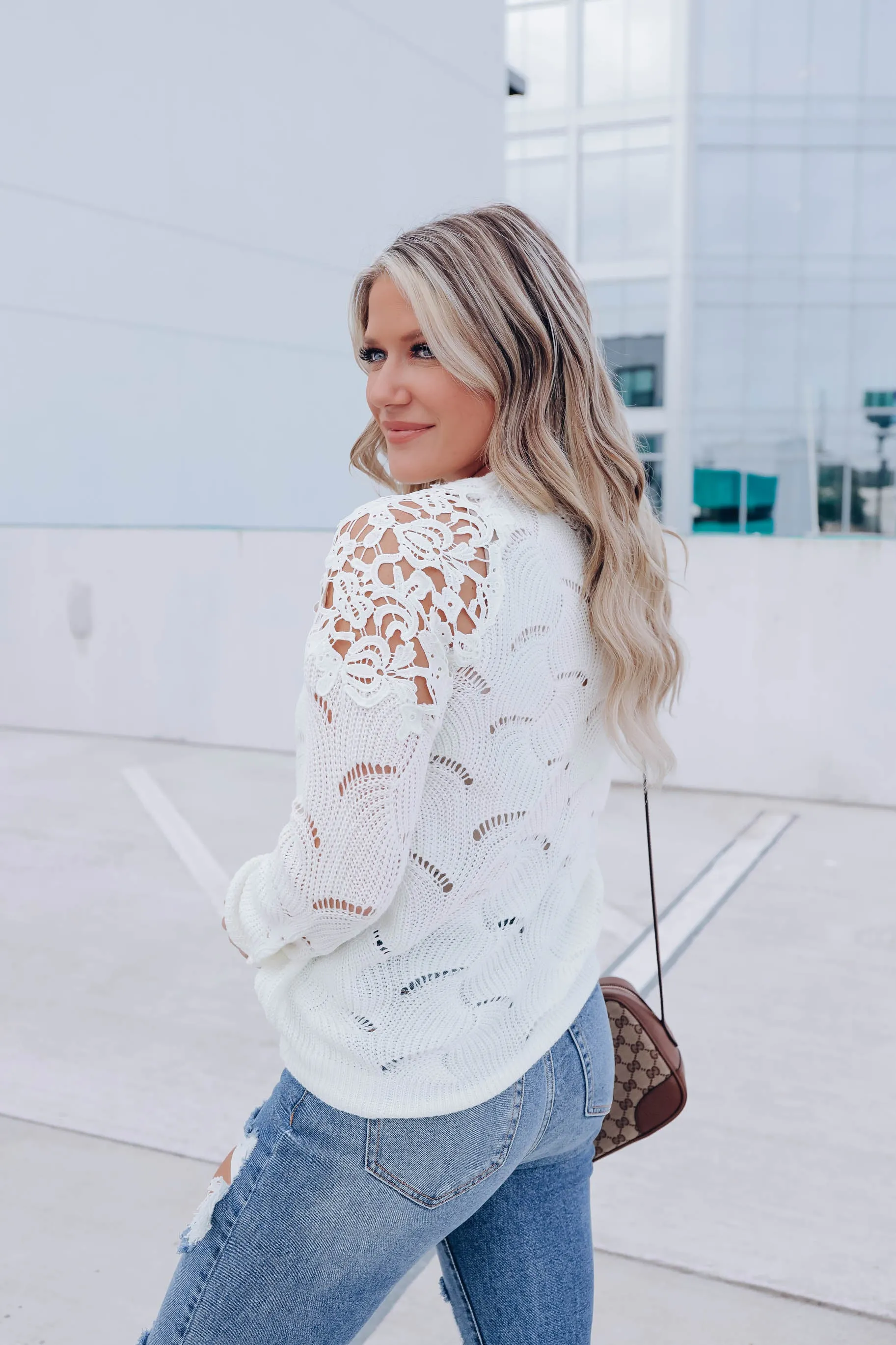 Venetian Lace Sleeve Sweater - Ivory