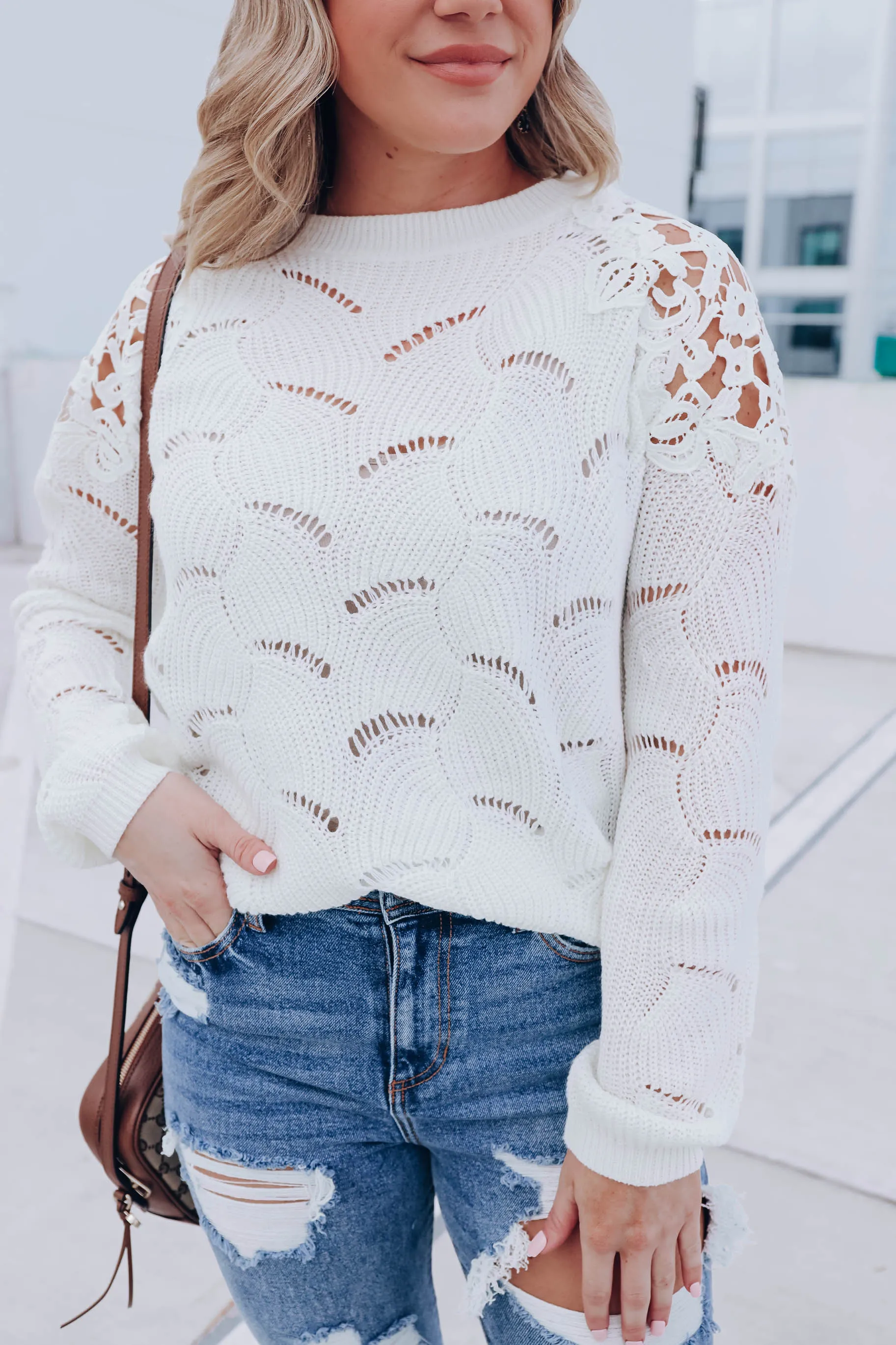 Venetian Lace Sleeve Sweater - Ivory
