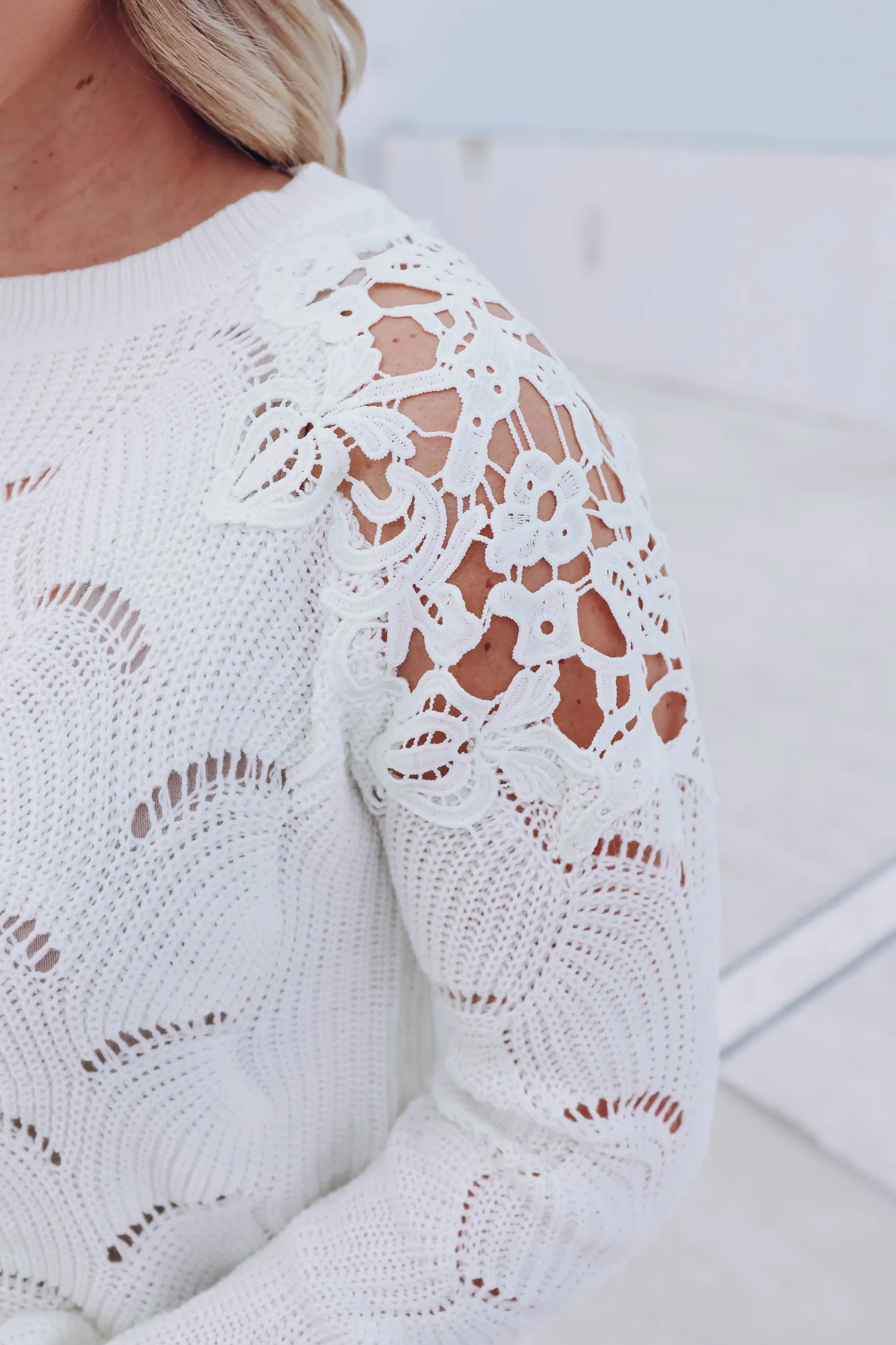 Venetian Lace Sleeve Sweater - Ivory