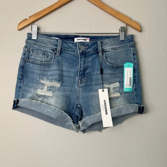 Vigoss X Stitch Fix Marley Mid-Rise Destructed Cuff Off Raw Edge Shorts Indigo
