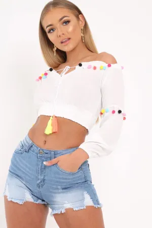 White Bardot Pom Pom Crop Top - Zylie