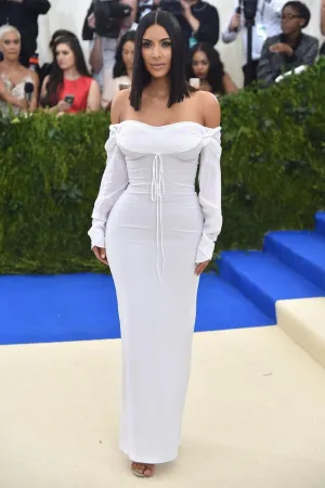 White Kim Kardashian (Kim K) Long Sleeves Dress Chiffon Prom Red Carpet Dress Met Gala