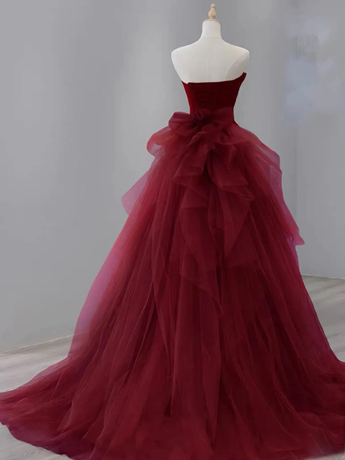 Wine Red Satin and Tulle Long Party Dress, Strapless Wine Red Formal Dress