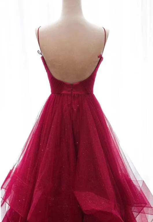 Wine Red Straps Layers V-neckline Long Prom Dress, Dark Red Evening Gown