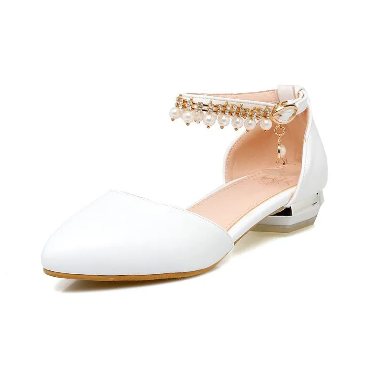 Women Ankle Straps Pearl Flat Sandals Shoes 2085