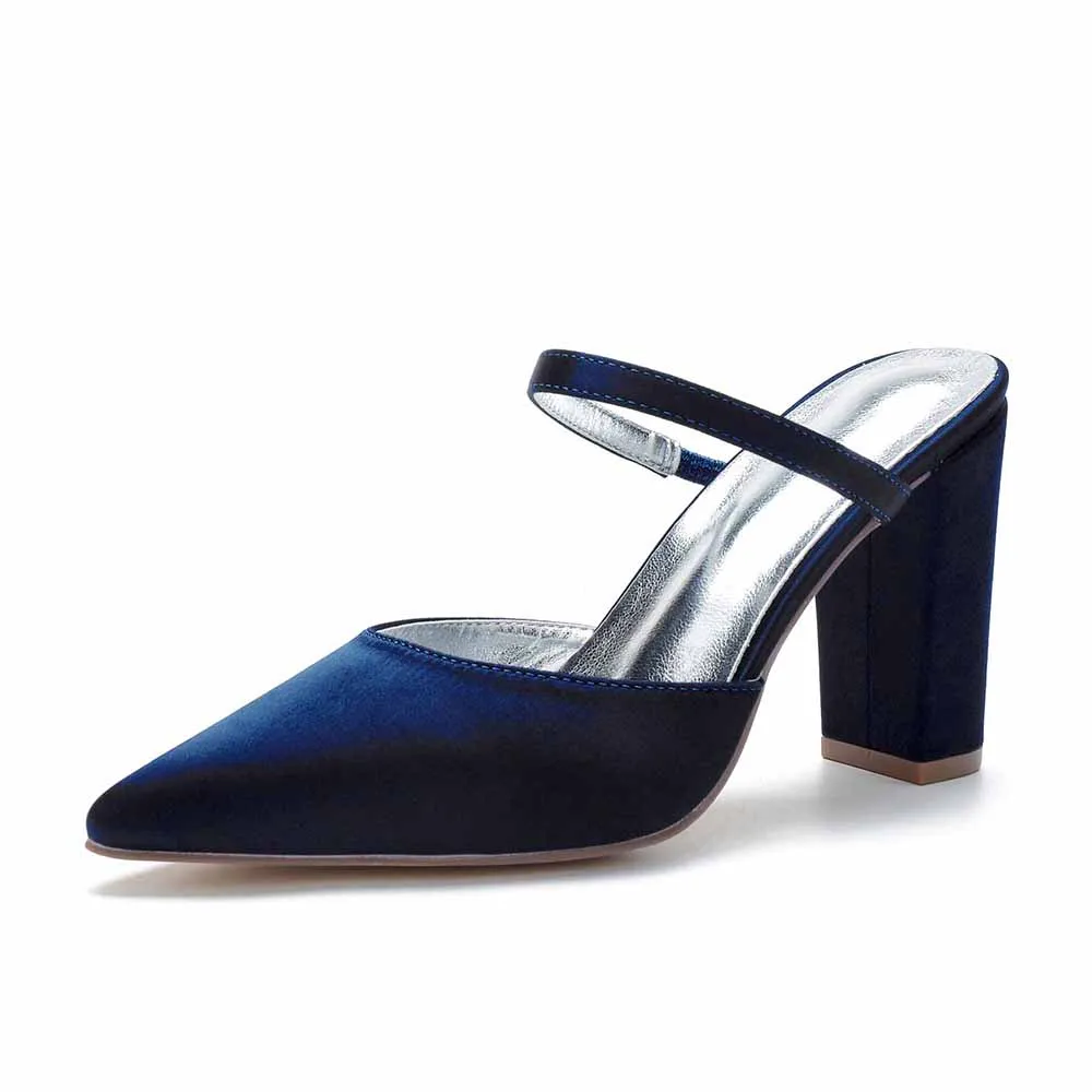 Women hand-made chunky heels party satin slippers