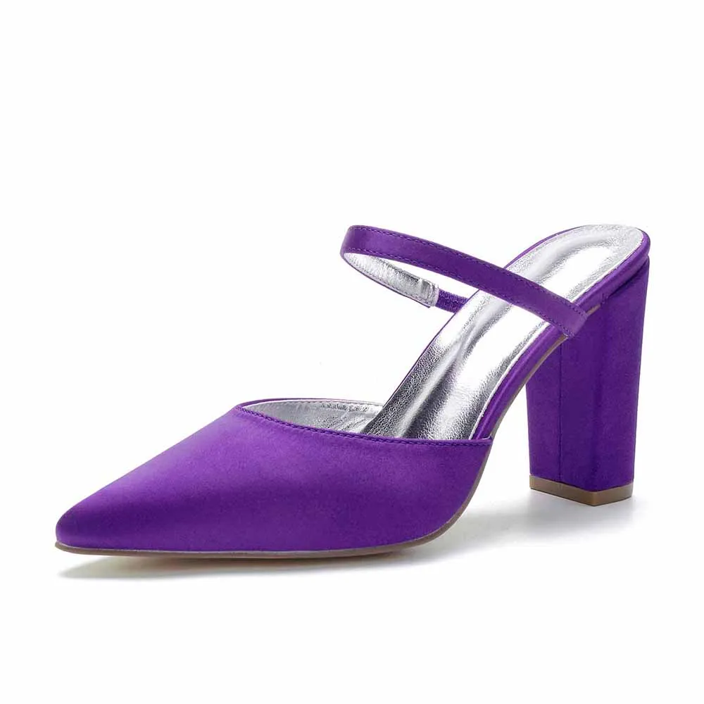 Women hand-made chunky heels party satin slippers