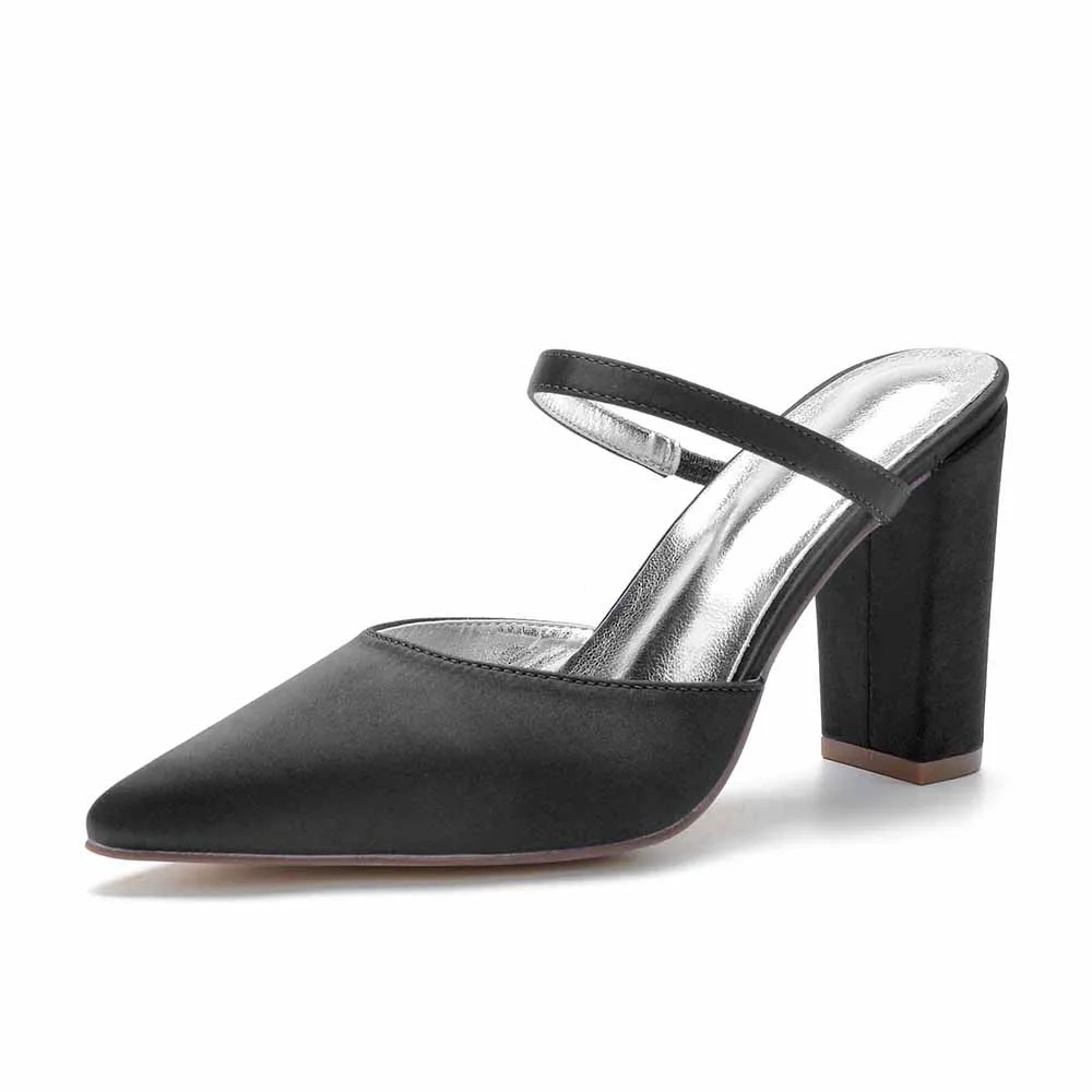 Women hand-made chunky heels party satin slippers