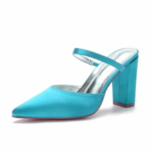 Women hand-made chunky heels party satin slippers